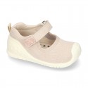 New Cotton canvas little Mary Jane shoes with velcro strap design and reinforced toe cap and counter for first steps.