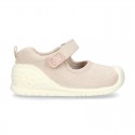 New Cotton canvas little Mary Jane shoes with velcro strap design and reinforced toe cap and counter for first steps.