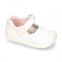 New Cotton canvas little Mary Jane shoes with velcro strap design and reinforced toe cap and counter for first steps.