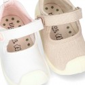 New Cotton canvas little Mary Jane shoes with velcro strap design and reinforced toe cap and counter for first steps.