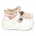 New Cotton canvas little Mary Jane shoes with velcro strap design and reinforced toe cap and counter for first steps.