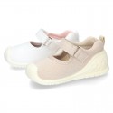 New Cotton canvas little Mary Jane shoes with velcro strap design and reinforced toe cap and counter for first steps.