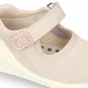 New Cotton canvas little Mary Jane shoes with velcro strap design and reinforced toe cap and counter for first steps.