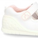 New Cotton canvas little Mary Jane shoes with velcro strap design and reinforced toe cap and counter for first steps.