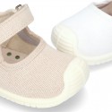 New Cotton canvas little Mary Jane shoes with velcro strap design and reinforced toe cap and counter for first steps.