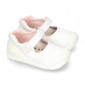 New Cotton canvas little Mary Jane shoes with velcro strap design and reinforced toe cap and counter for first steps.