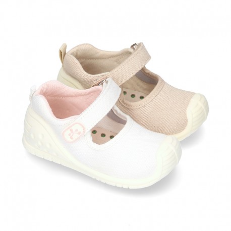 New Cotton canvas little Mary Jane shoes with velcro strap design and reinforced toe cap and counter for first steps.