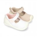 New Cotton canvas little Mary Jane shoes with velcro strap design and reinforced toe cap and counter for first steps.