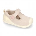 New Cotton canvas little T-Strap shoes with velcro strap design and reinforced toe cap and counter for first steps.