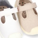 New Cotton canvas little T-Strap shoes with velcro strap design and reinforced toe cap and counter for first steps.