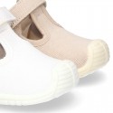 New Cotton canvas little T-Strap shoes with velcro strap design and reinforced toe cap and counter for first steps.