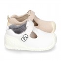 New Cotton canvas little T-Strap shoes with velcro strap design and reinforced toe cap and counter for first steps.