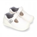 New Cotton canvas little T-Strap shoes with velcro strap design and reinforced toe cap and counter for first steps.