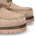 Classic Suede leather Boat shoes with shoelaces and thick soles for kids.