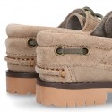 Classic Suede leather Boat shoes with shoelaces and thick soles for kids.