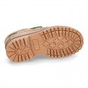 Classic Suede leather Boat shoes with shoelaces and thick soles for kids.