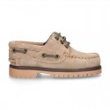 Classic Suede leather Boat shoes with shoelaces and thick soles for kids.