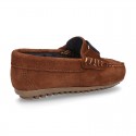 New Classic Suede leather Moccasin shoes with ribbon detail mask.