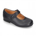 New School Classic Nappa leather little Mary Jane shoes with velcro strap with button and scallop design.