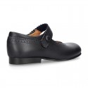 New School Classic Nappa leather little Mary Jane shoes with velcro strap with button and scallop design.