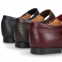 New School Classic Nappa leather little Mary Jane shoes with velcro strap with button and scallop design.