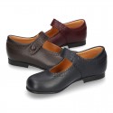 New School Classic Nappa leather little Mary Jane shoes with velcro strap with button and scallop design.