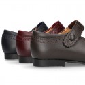 New School Classic Nappa leather little Mary Jane shoes with velcro strap with button and scallop design.