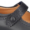 New School Classic Nappa leather little Mary Jane shoes with velcro strap with button and scallop design.