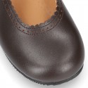 New School Classic Nappa leather little Mary Jane shoes with velcro strap with button and scallop design.