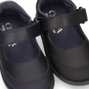 School shoes Washable leather Mary Janes with hook and loop strap for little girls.