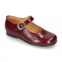 New School Classic SATIN leather little Mary Janes with chopped and design and buckle fastening.