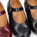 New School Classic SATIN leather little Mary Janes with chopped and design and buckle fastening.