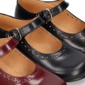 New School Classic SATIN leather little Mary Janes with chopped and design and buckle fastening.