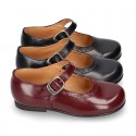 New School Classic SATIN leather little Mary Janes with chopped and design and buckle fastening.