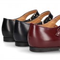 New School Classic SATIN leather little Mary Janes with chopped and design and buckle fastening.