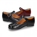 New School Classic SATIN leather little Mary Janes with chopped and design and buckle fastening.