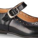 New School Classic SATIN leather little Mary Janes with chopped and design and buckle fastening.