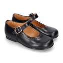 New School Classic SATIN leather little Mary Janes with chopped and design and buckle fastening.