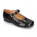 New School Classic SATIN leather little Mary Janes with chopped and design and buckle fastening.
