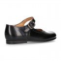 New School Classic SATIN leather little Mary Janes with chopped and design and buckle fastening.