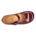 New School Classic SATIN leather little Mary Janes with chopped and design and buckle fastening.