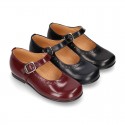 New School Classic SATIN leather little Mary Janes with chopped and design and buckle fastening.