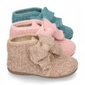 New Wool knit bootie home shoes with velcro strap and BOW design.