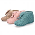 New Wool knit bootie home shoes with velcro strap and BOW design.