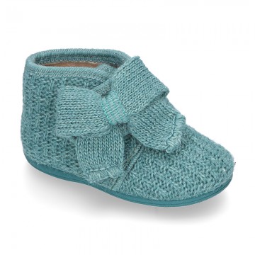 New Wool knit bootie home shoes with velcro strap and BOW design.