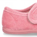 Little corduroy home Mary Jane shoes with velcro strap.