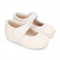 Little corduroy home Mary Jane shoes with velcro strap.