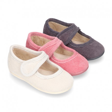 Little corduroy home Mary Jane shoes with velcro strap.