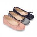 New Autumn winter Ballet flat shoes dots canvas with adjustable bow design.