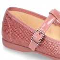 T-strap little Mary Jane shoes with buckle fastening in Print autumn winter canvas.